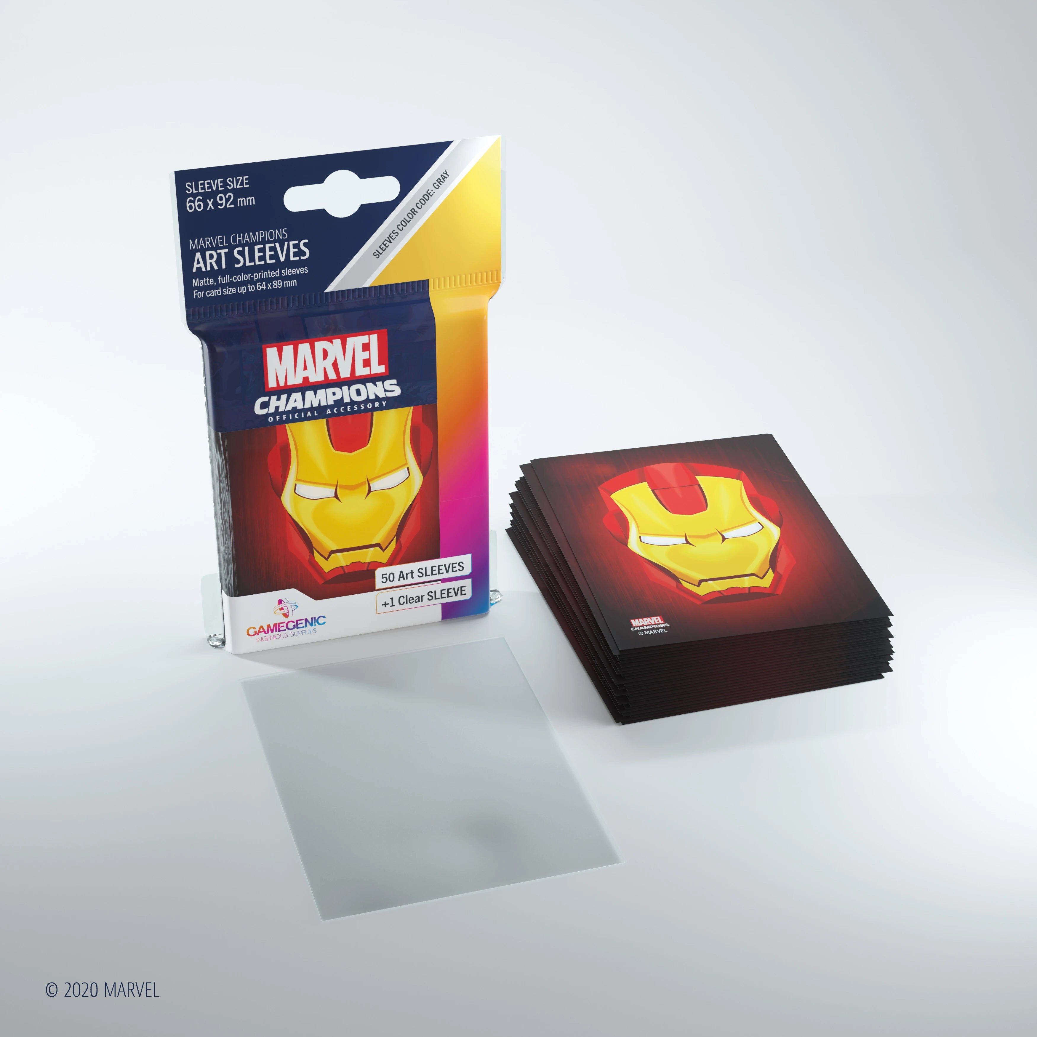 Marvel Champions Art Sleeves – Iron Man: Verpackung mit 50 vollfarbig bedruckten Kartenschutzhüllen im Iron Man-Design, inklusive extra durchsichtiger Heldenhülle.