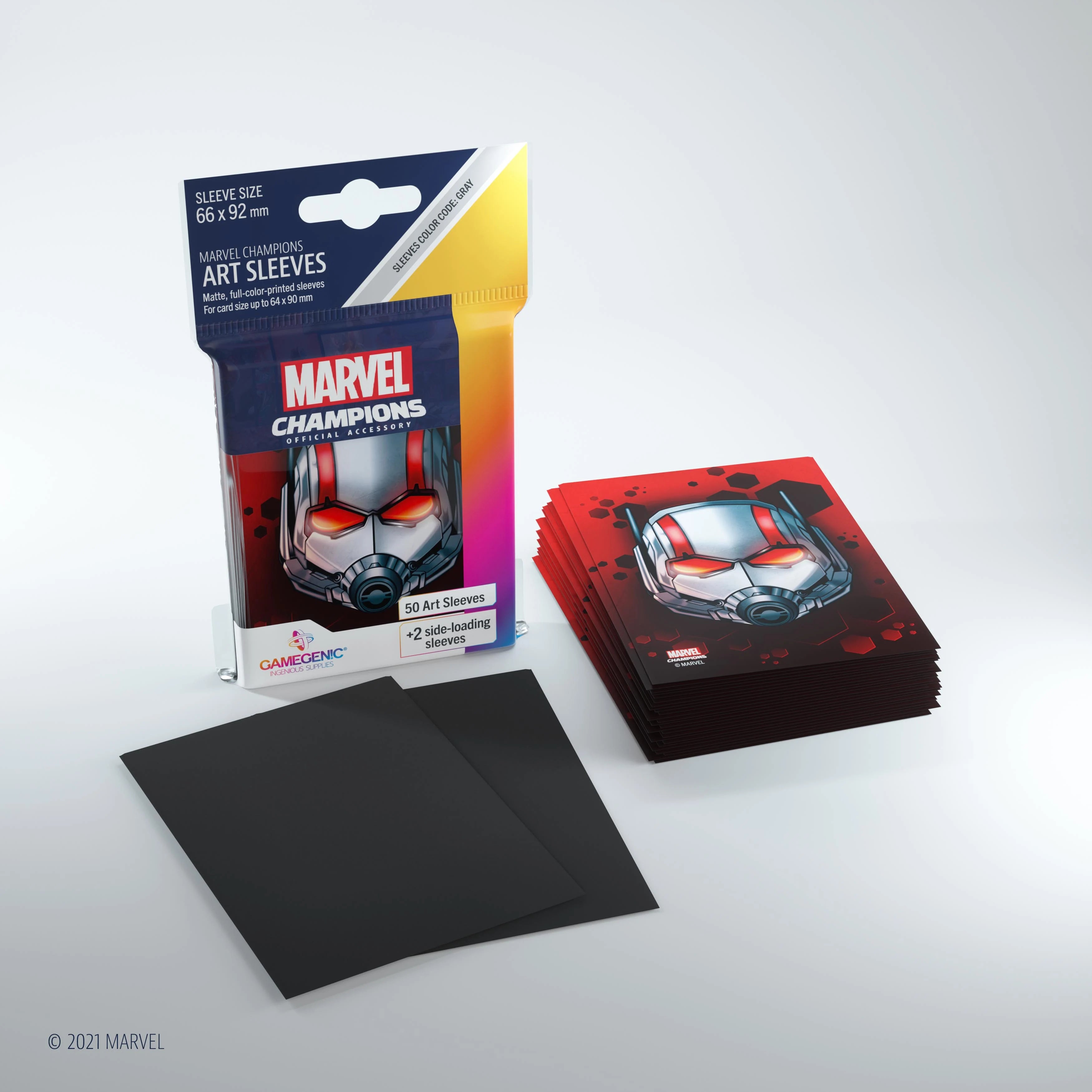 Marvel Champions Art Sleeves – Ant-Man: Verpackung mit 50 vollfarbig bedruckten Hüllen im Ant-Man-Design, plus 2 extra Hüllen für übergroße Heldenkarten.
