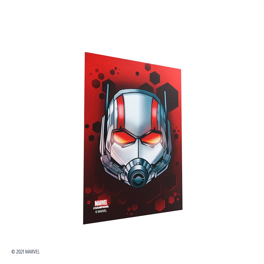 Marvel Champions Art Sleeves – Ant-Man: Verpackung mit 50 vollfarbig bedruckten Hüllen im Ant-Man-Design, plus 2 extra Hüllen für übergroße Heldenkarten.