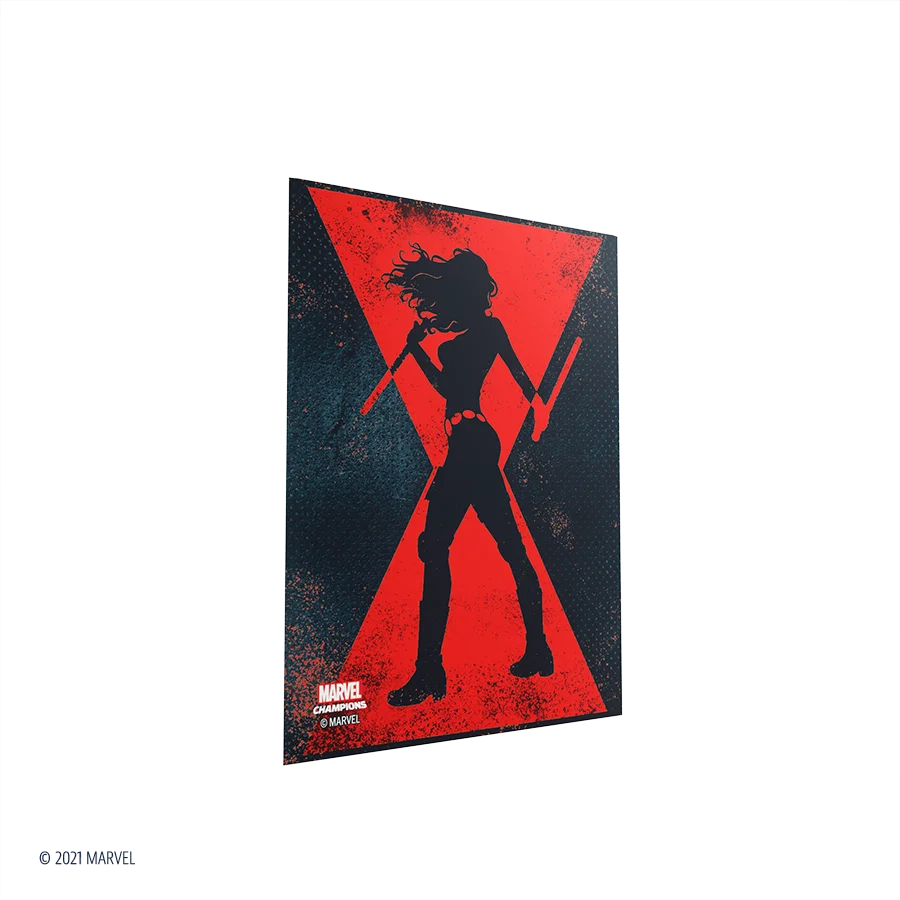 Marvel Champions Art Sleeves – Black Widow: Verpackung mit 50 vollfarbig bedruckten Hüllen im Black Widow-Design, inklusive einer durchsichtigen Heldenhülle.