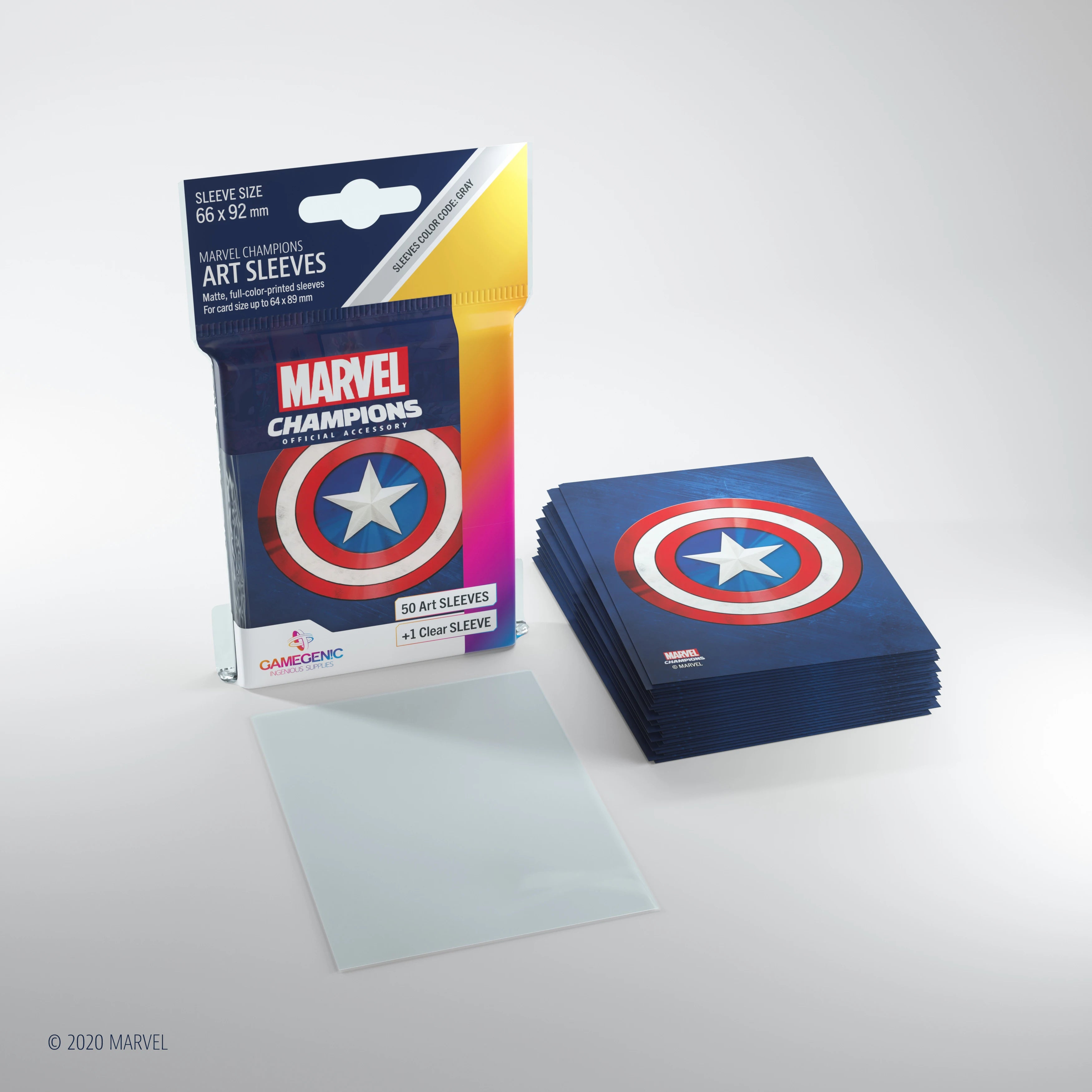 Marvel Champions Art Sleeves – Captain America: Verpackung mit 50 vollfarbig bedruckten Kartenschutzhüllen im Captain America-Design, inklusive einer durchsichtigen Heldenhülle.