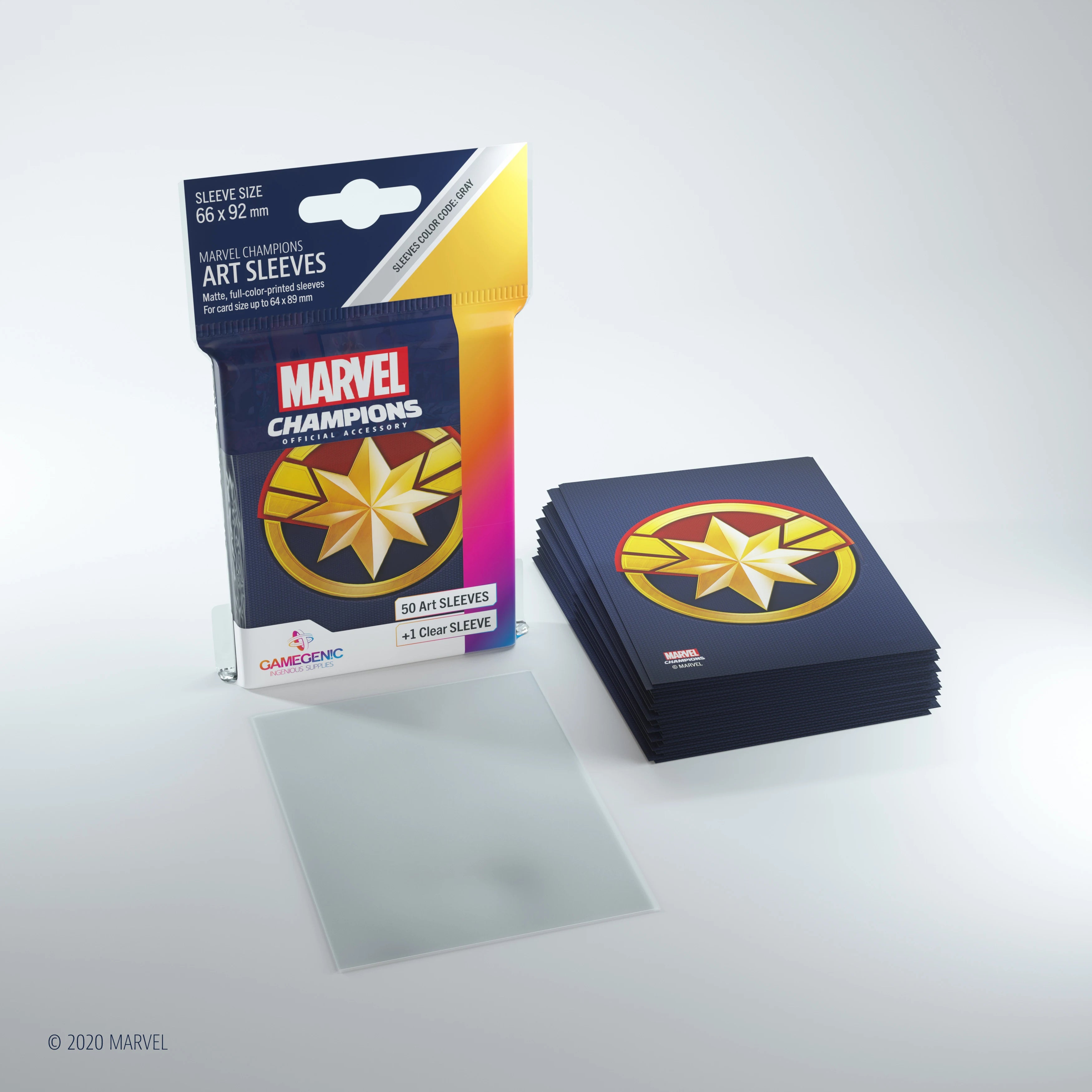 Marvel Champions Art Sleeves – Captain Marvel: Verpackung mit 50 vollfarbig bedruckten Hüllen im Captain Marvel-Design, inklusive einer durchsichtigen Heldenhülle.