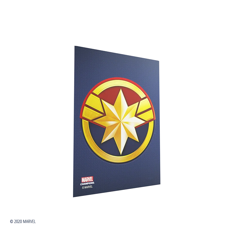 Marvel Champions Art Sleeves – Captain Marvel: Verpackung mit 50 vollfarbig bedruckten Hüllen im Captain Marvel-Design, inklusive einer durchsichtigen Heldenhülle.
