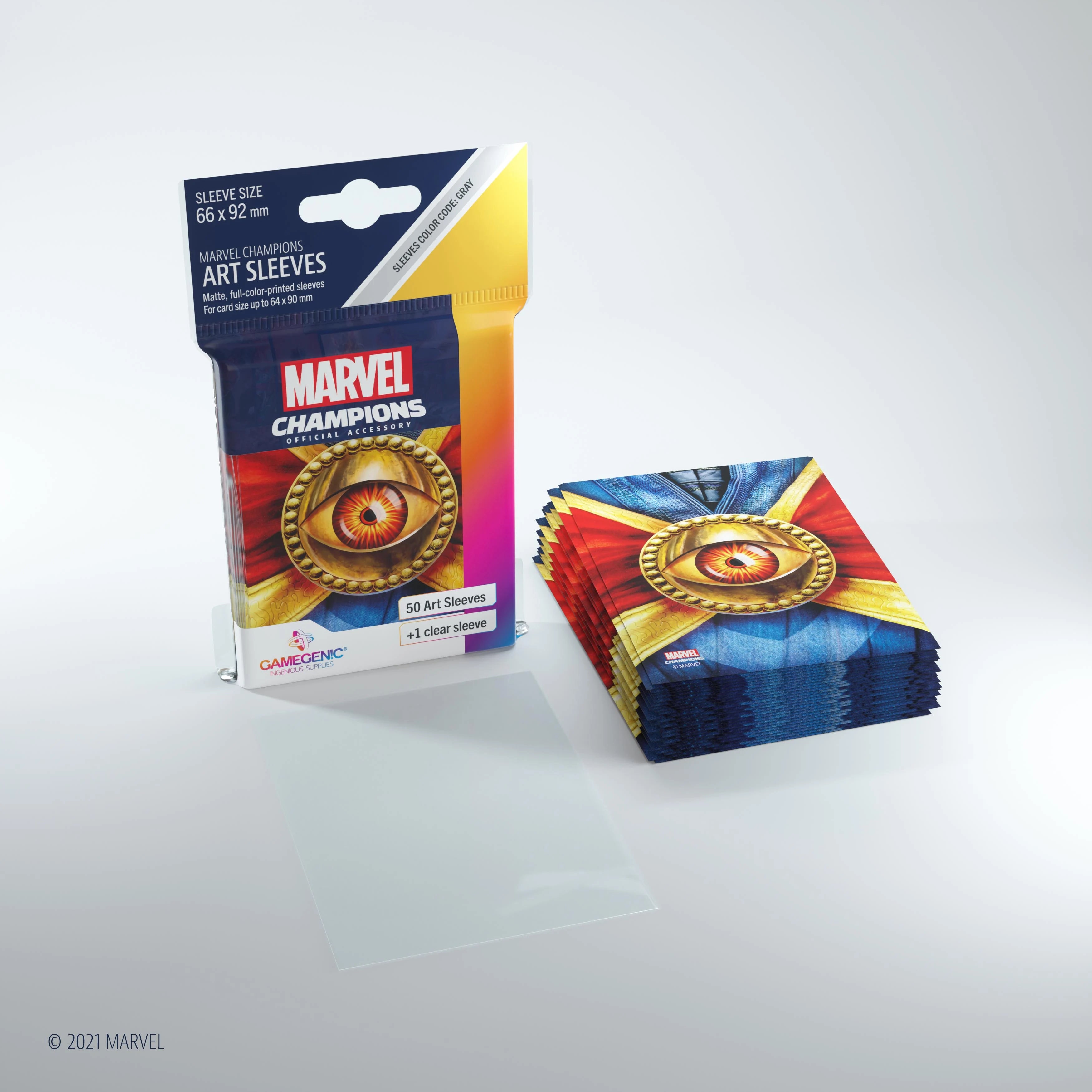 Marvel Champions Art Sleeves – Doctor Strange: Verpackung mit 50 vollfarbig bedruckten Hüllen im Doctor Strange-Design, inklusive einer zusätzlichen transparenten Heldenhülle.