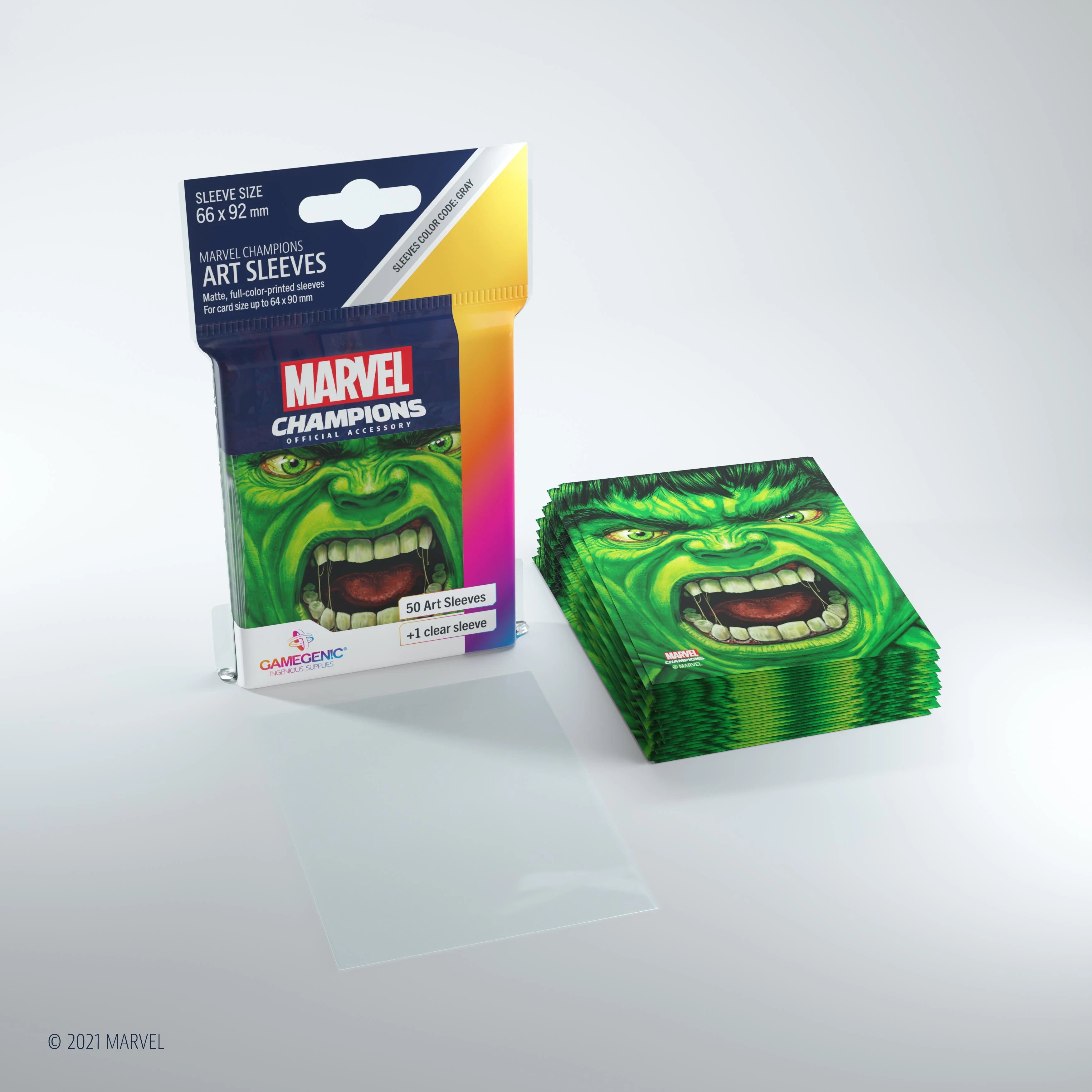 Marvel Champions Art Sleeves – Hulk: Verpackung mit 50 vollfarbig bedruckten Hüllen im Hulk-Design, inklusive einer transparenten Heldenhülle.