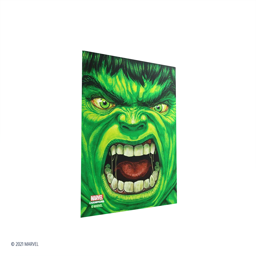 Marvel Champions Art Sleeves – Hulk: Verpackung mit 50 vollfarbig bedruckten Hüllen im Hulk-Design, inklusive einer transparenten Heldenhülle. Einzelhülle