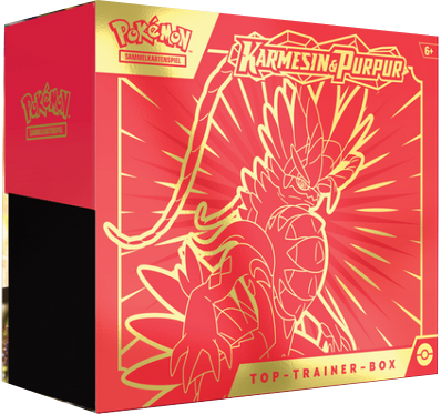 Pokémon Top-Trainer-Box Koraidon aus dem Karmesin & Purpur Base Set mit 9 Boostern, Promokarte, Zubehör und Kartenhüllen im rot-goldenen Koraidon-Design.