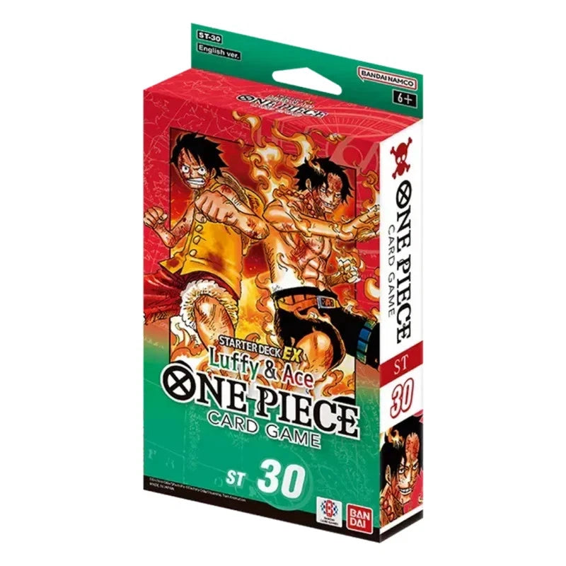 One Piece Card Game Starter Deck EX Luffy und Ace ST-30 in englischer Sprache, zeigt die Verpackung des rot-grünen Paramount War Decks mit vorgefertigten Karten, DON!! Karten und Bonus-Pack im Foil-Finish