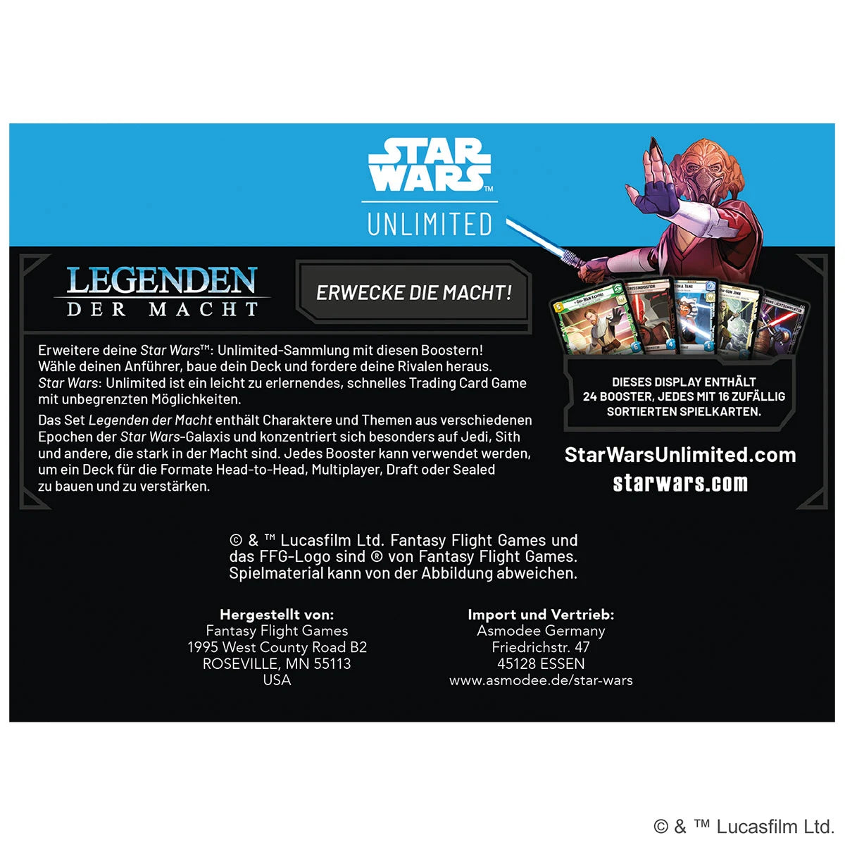 Abbildung der Prerelease-Box von Star Wars: Unlimited – Legenden der Macht. Die Box enthält sechs Boosterpacks, Spielmaterial und zwei exklusive Promokarten mit den Anführern Darth Maul und Qui-Gon Jinn. Rückansicht