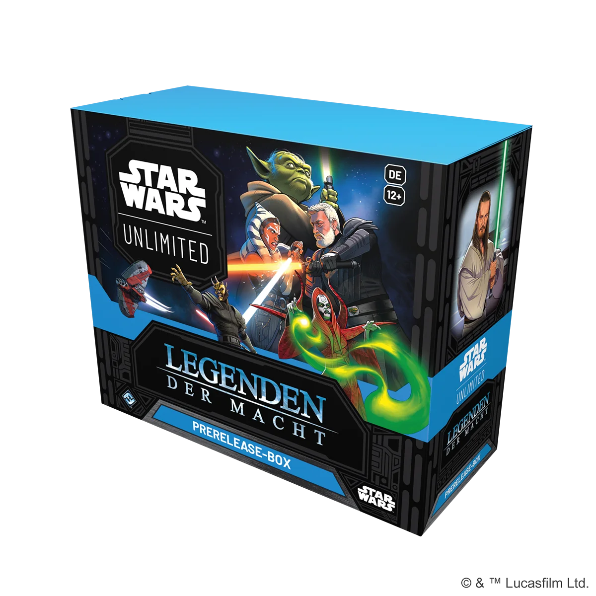 Abbildung der Prerelease-Box von Star Wars: Unlimited – Legenden der Macht. Die Box enthält sechs Boosterpacks, Spielmaterial und zwei exklusive Promokarten mit den Anführern Darth Maul und Qui-Gon Jinn.