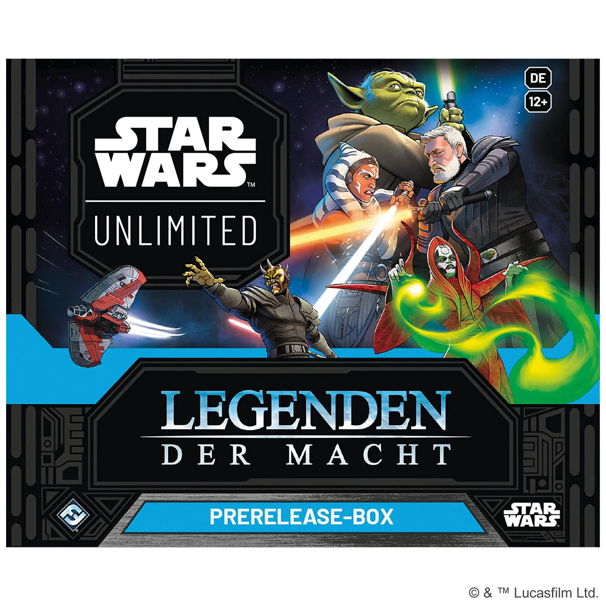 Abbildung der Prerelease-Box von Star Wars: Unlimited – Legenden der Macht. Die Box enthält sechs Boosterpacks, Spielmaterial und zwei exklusive Promokarten mit den Anführern Darth Maul und Qui-Gon Jinn. - Front Ansicht