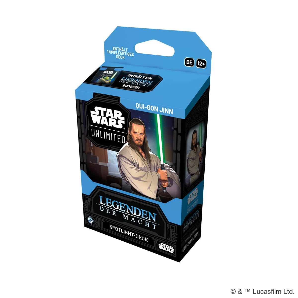 Abbildung des Qui-Gon Jinn Spotlight-Decks aus Star Wars: Unlimited – enthält ein spielfertiges Deck, exklusive Karten und einen Booster.