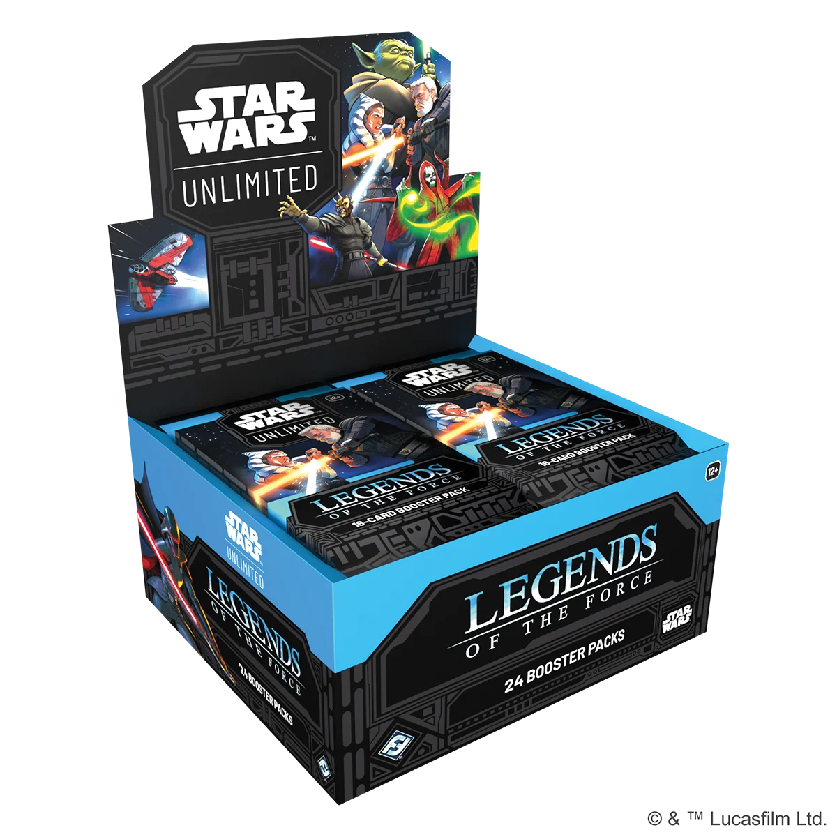Verpackung des Star Wars Unlimited Booster-Displays Legends of the Force. Box mit 24 Boosterpacks, galaktischem Artwork, Lichtschwert-Motiven und Logos. Enthaltene Karten stammen aus verschiedenen Star Wars Epochen.
