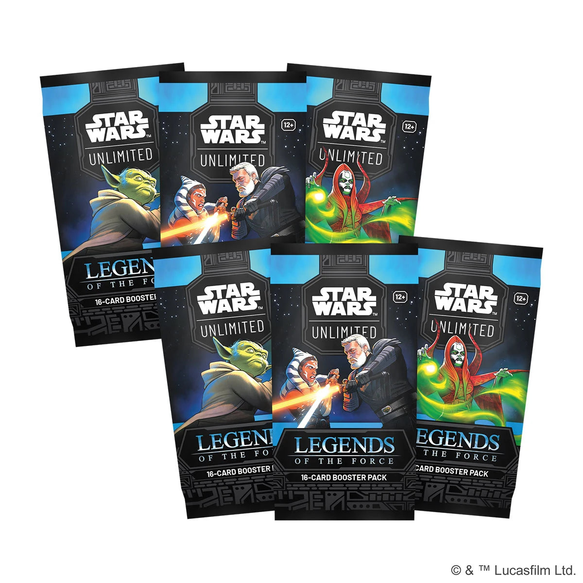 Verpackung der SWU Prerelease Box Legends of the Force mit 6 enthaltenen Boostern, exklusiven Promokarten von Qui-Gon Jinn und Darth Maul, Damage-Countern und weiteren Turniermaterialien. 6 Einzelne Booster