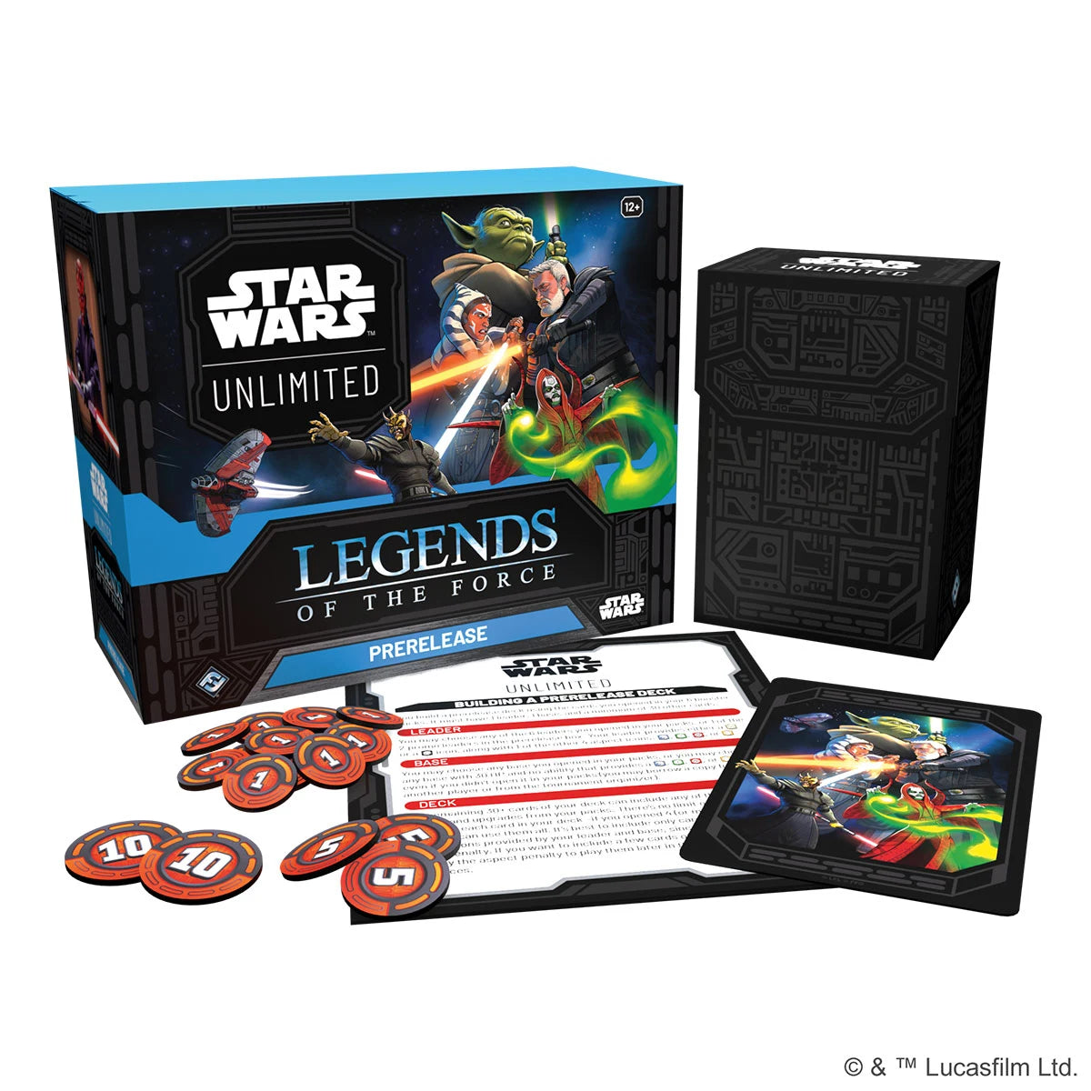 Verpackung der SWU Prerelease Box Legends of the Force mit 6 enthaltenen Boostern, exklusiven Promokarten von Qui-Gon Jinn und Darth Maul, Damage-Countern und weiteren Turniermaterialien. Explosionszeichnung