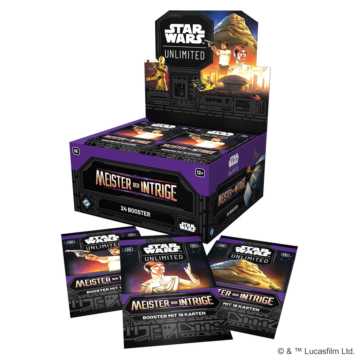Star Wars: Unlimited – Meister der Intrige Booster-Display mit 24 Packs, Rare & Foil Karten, Hyperspace-Varianten und Spionage-Motiv im Star-Wars-Design.
