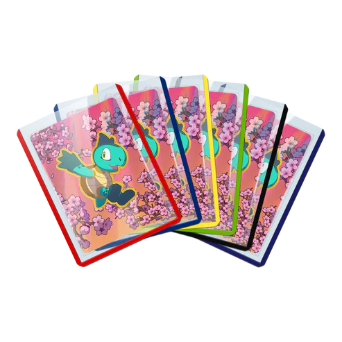 30 farbige Toploader für Sammelkarten in Rot, Blau, Gelb, Grün, Schwarz und Lila, ideal zum Schutz und zur Präsentation von Pokémon-, One Piece-, Disney Lorcana und Magic-Karten.